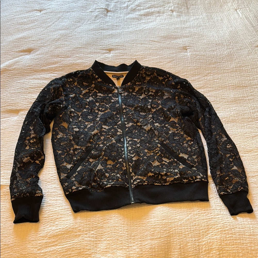 Express Black Floral Lace Bomber Jacket w/ Nude Lining